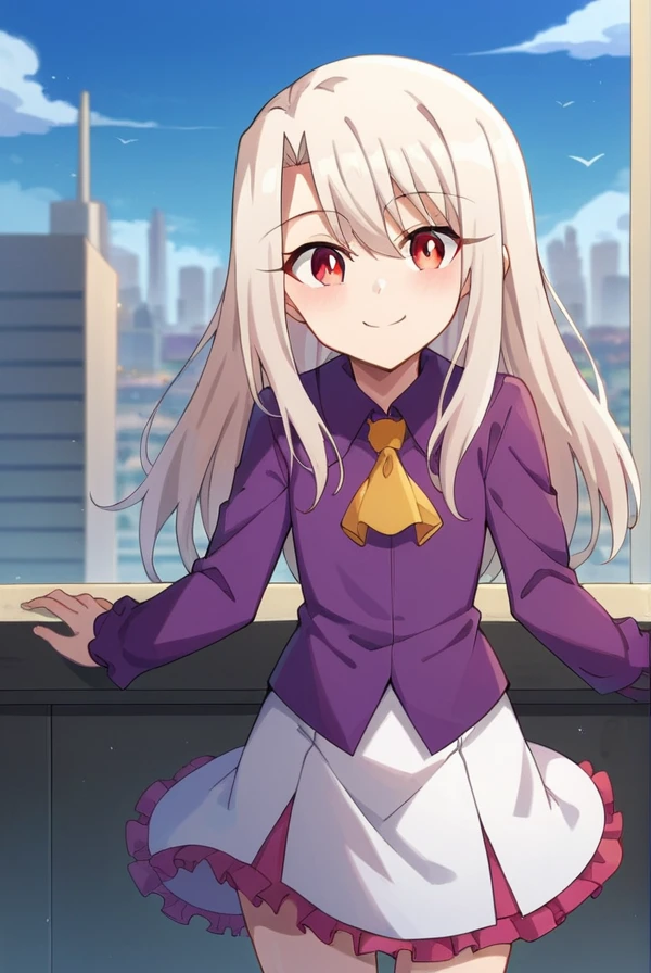 score_9, score_8_up, source_anime, 1girl, illyasvielvoneinzbern, illyasviel von einzbern, long hair, red eyes, white hair, skirt, shirt, long sleeves, boots, ascot, white skirt, frilled skirt, purple shirt, looking at viewer, smile, cityscape, blue sky <lora:illyasviel_von_einzbern-sdxl-nochekaiser-000008:1>