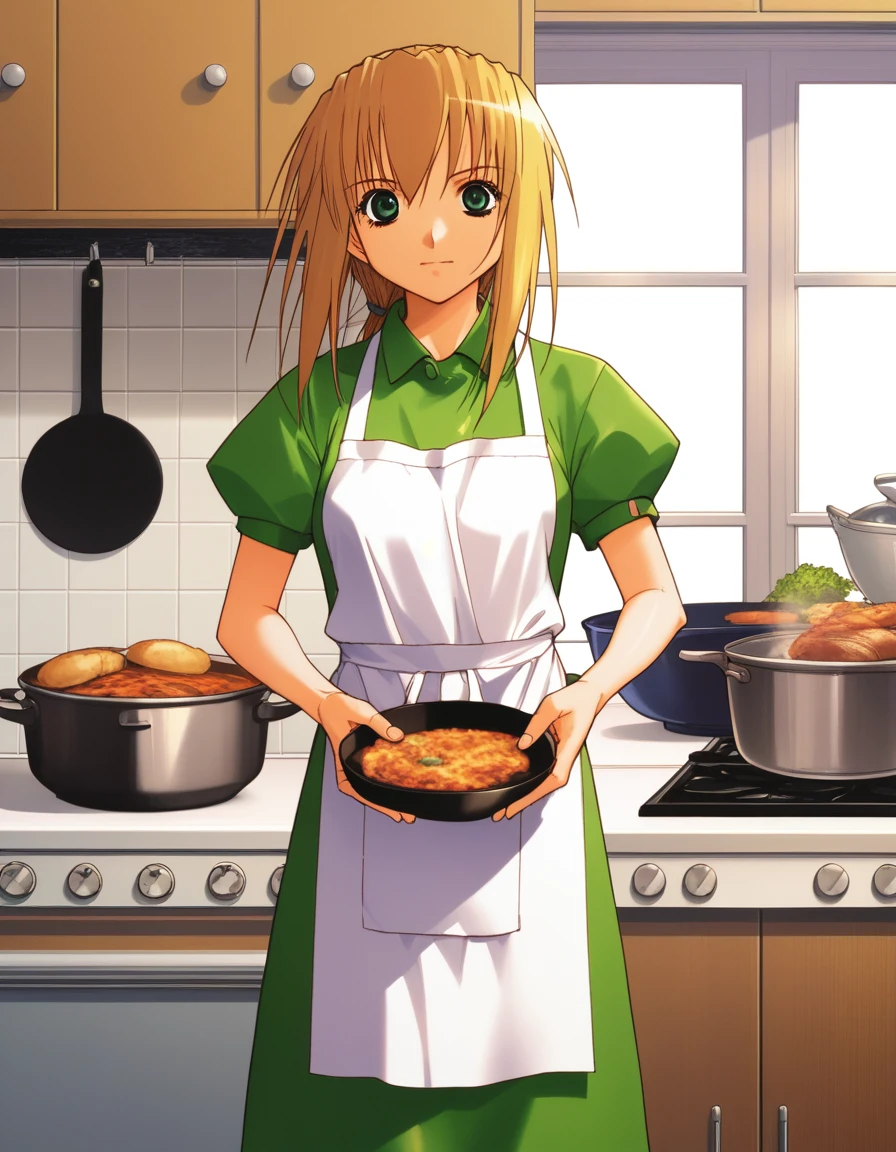 naked apron, kitchen, Fintan Magee,, fringe hair,short hair, hairpin, yellow hair,