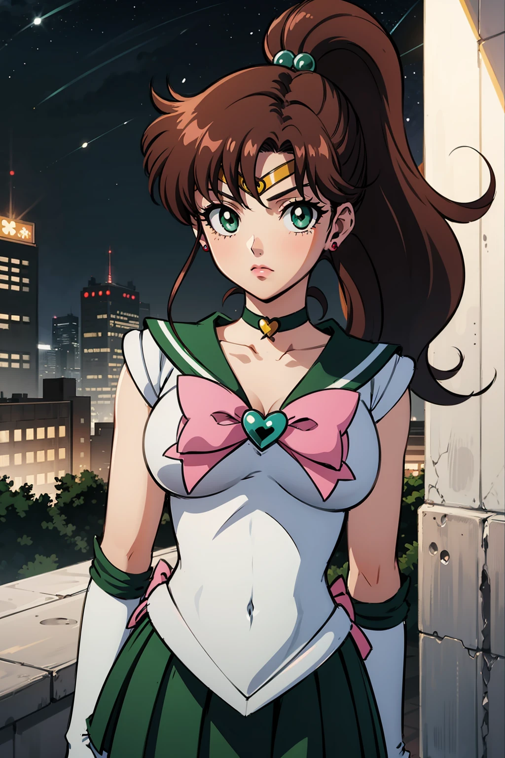 masterpiece, best quality, 1girl, solo, looking at viewer, facing viewer, night, rooftop, city, cityscape, anime screencap,1990s \(style\), (art by Naoko Takeuchi), <lora:EPsmSailorJupiter-12:1>, EPsmSailorJupiter, green eyes, brown hair, long hair, ponytail, hair ornament, hair bobbles, brooch, heart brooch, jewelry, tiara, choker, green choker, star choker, skirt, green skirt, pleated skirt, bow, back bow, pink bow, gloves, white gloves, elbow gloves, earrings, sailor collar, star (symbol), green sailor collar, sailor senshi uniform