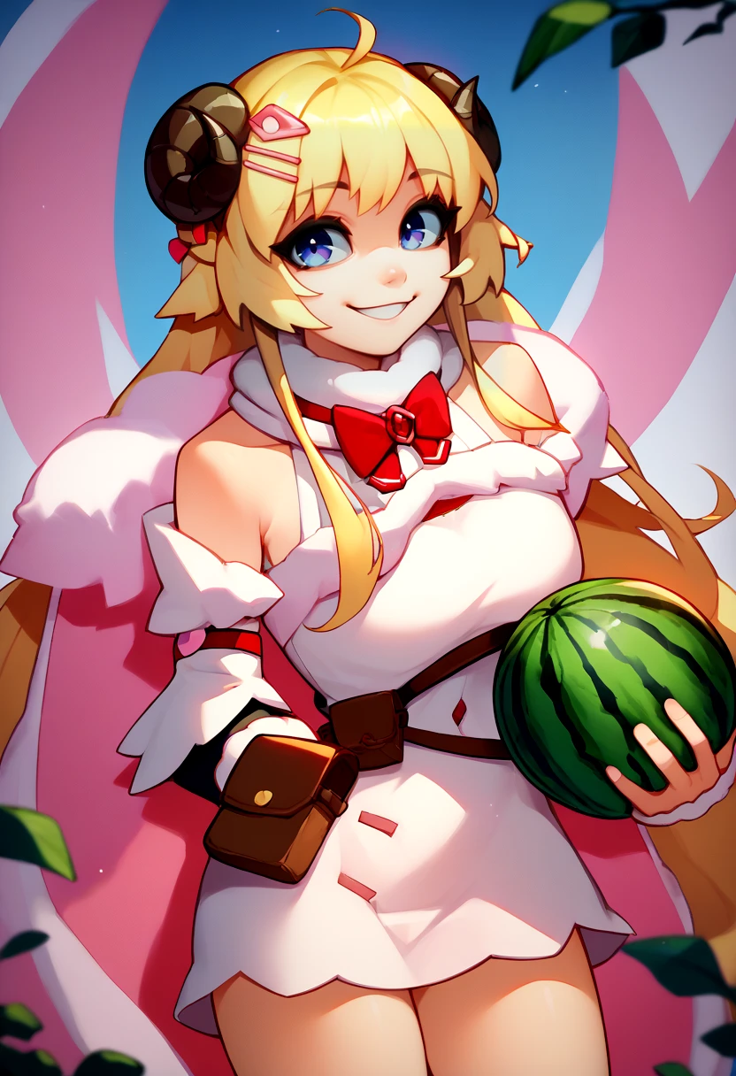 score_9, score_8_up, score_7_up, solo, 1girl, WatameBase, smile, looking at viewer, holding watermelon, very long hair, ahoge, hairclip, fur-trimmed dress, short dress, red bowtie, detached sleeves, pouch, fur-trimmed cape, pink cape <lora:style_qt0ri_ponyXL-000011:1> <lora:last_1:1>