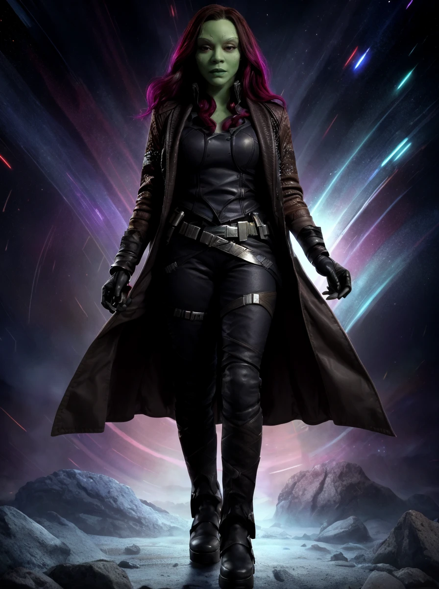 gmra woman,wearing coat and vest,(full body shot:1.2),cosmic stars background,masterpiece,looking at viewer,extremely detailed,intricated