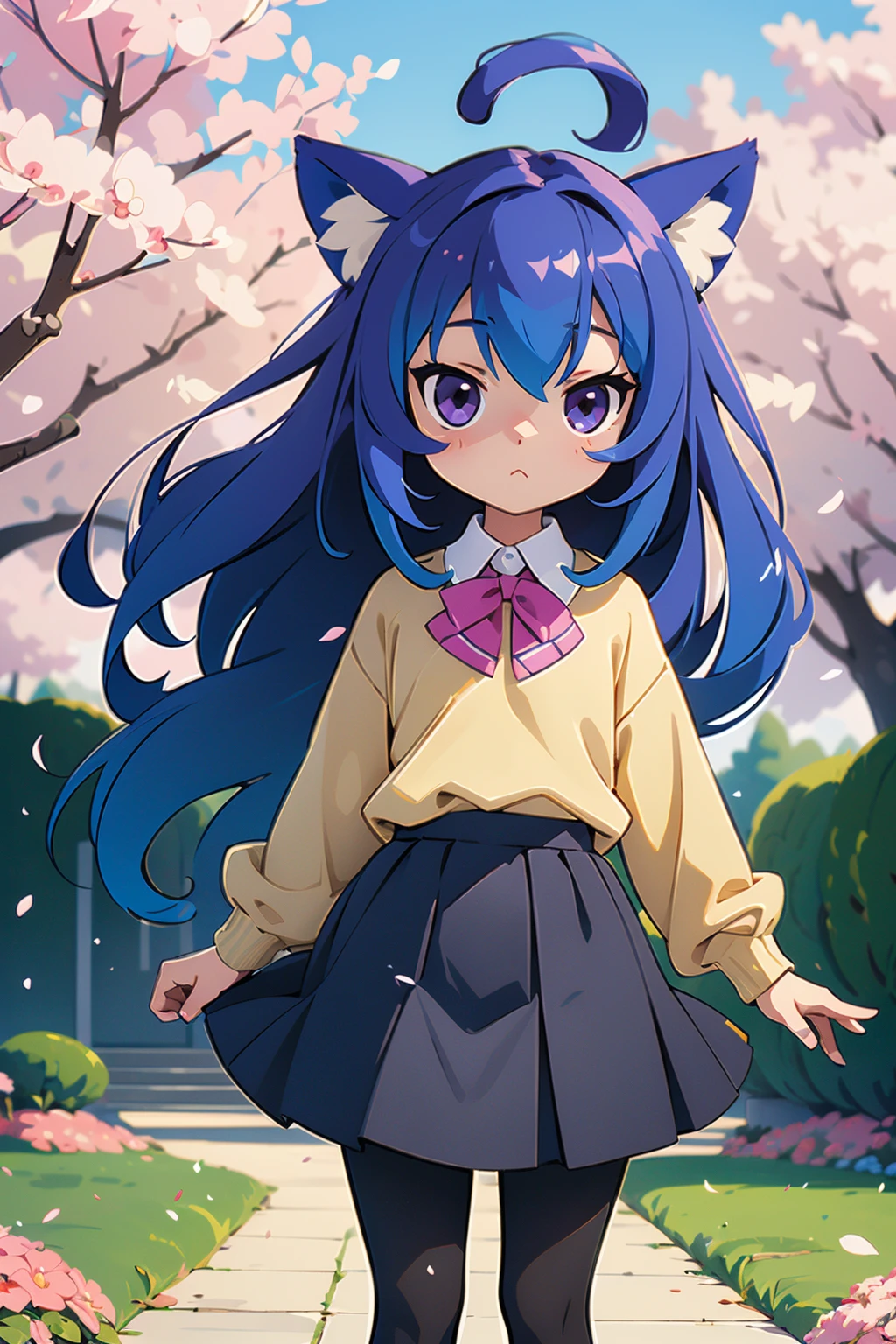 (2d:1.2), wide shot, (dynamic angle:1.1), outline, ((thick lineart)), cover, stylish, official art, (details:1.2), (fantasy), garden, (bloom:1.1), glow:0.2, shadow, nature, cherry blossoms, particles, (depth of field), sharp focus, (volumetric lighting), (bokeh:0.6), film grain:0.4, (soft lighting:1.1), tzummn, long hair, blue hair, animal ears, purple eyes, cat ears, ahoge, school uniform, looking at viewer, skirt, sweater, cat tail, pantyhose, <lora:Miniwa_Tsumiki_10_01:0.7>