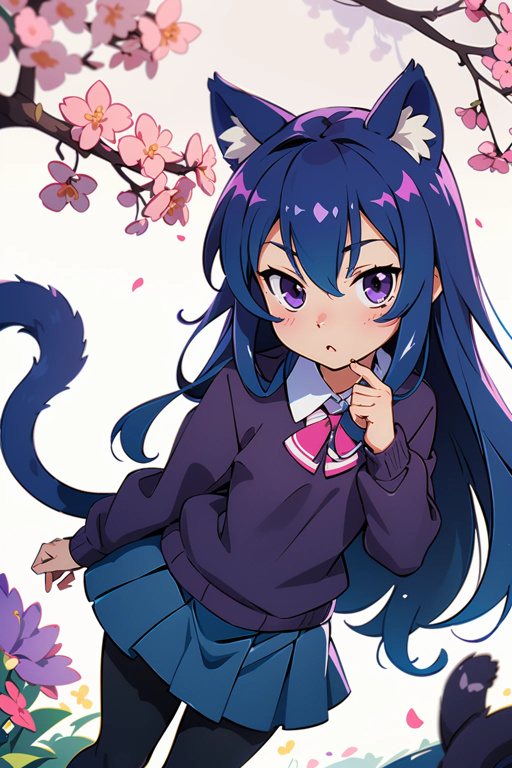 (2d:1.2), wide shot, (dynamic angle:1.1), outline, ((thick lineart)), cover, stylish, official art, (details:1.2), (fantasy), garden, (bloom:1.1), glow:0.2, shadow, nature, cherry blossoms, particles, (depth of field), sharp focus, (volumetric lighting), (bokeh:0.6), film grain:0.4, (soft lighting:1.1), tzummn, long hair, blue hair, animal ears, purple eyes, cat ears, ahoge, school uniform, looking at viewer, skirt, sweater, cat tail, pantyhose, kemonomimi mode, <lora:Miniwa_Tsumiki_10_01:0.7>