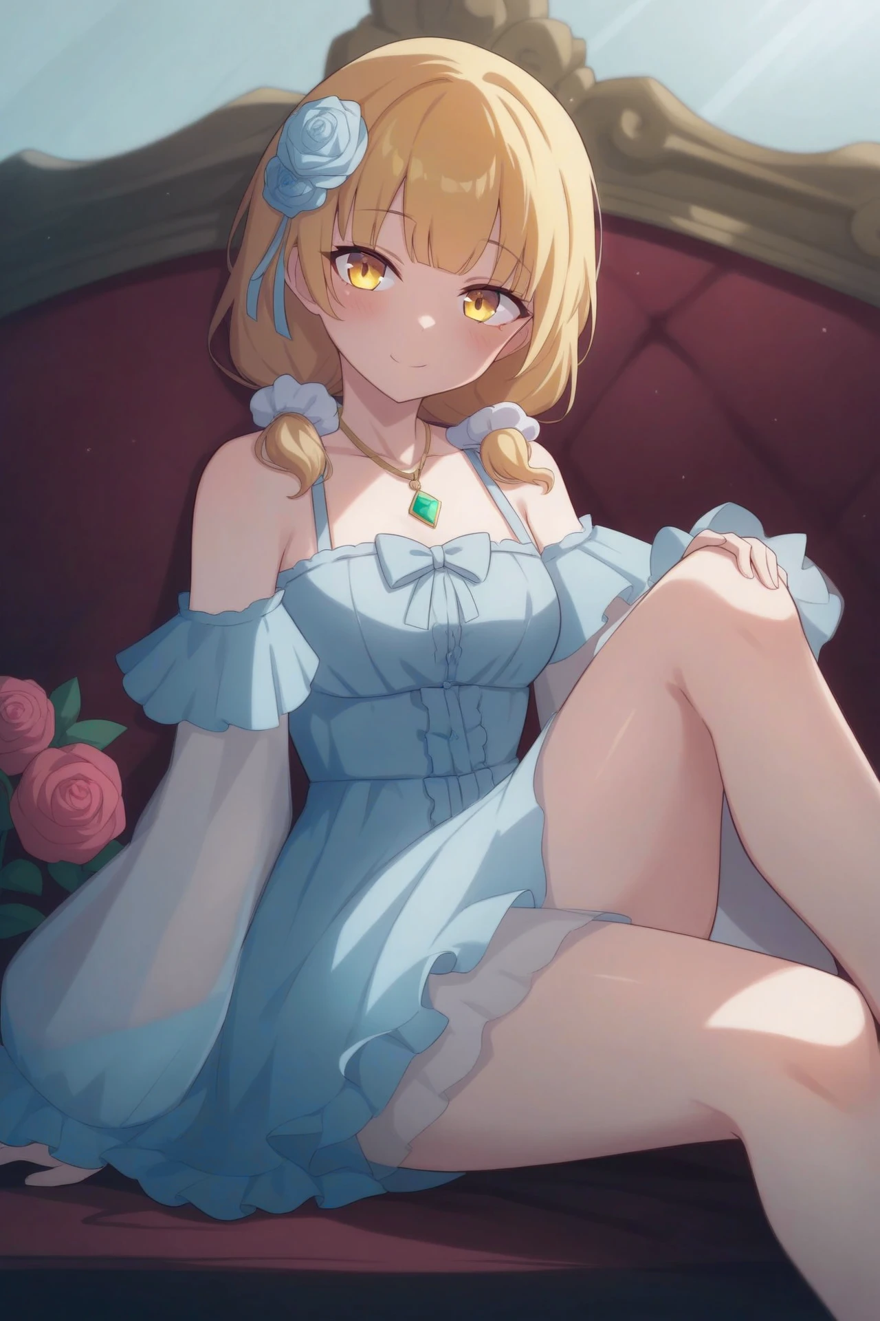 score_9, score_8_up, score_7_up,score_6_up,
1girl,absurdres,beads,between_legs,blonde_hair,blunt_bangs,blush,bow,bowtie,collarbone,dress,flower,frilled_dress,frills,gem,glowing,gold_trim,golden_rose,hair_flower,hair_ornament,hand_between_legs,hand_on_own_knee,highres,ienaga_mugi,jewelry,lace_sleeves,light_particles,looking_at_viewer,nijisanji,pendant,pink_flower,pink_rose,red_gemstone,rose,scrunchie,see-through,see-through_sleeves,sitting,smile,solo,virtual_youtuber,white_dress,white_scrunchie,yellow_eyes,yolsan