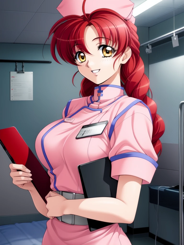 <lora:Makino_Rie:0.8>, MakinoRie, 1girl, solo, nurse, red hair, Yellow eyes, hospital bed, hat, clipboard, belt, smile, ahoge, nurse cap, large_breasts,
masterpiece, high quality, very_high_resolution, large_filesize, full color,