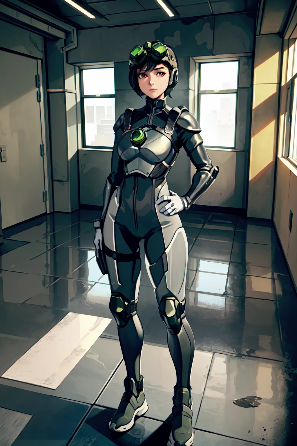 masterpiece,best quality,1girl,sarahfisher,standing,bodysuit,armor,helmet,(goggles,goggles on eyes),full body,hands on hips,expressionless,indoors,in concrete hangar, <lora:SarahFisher12:0.75>