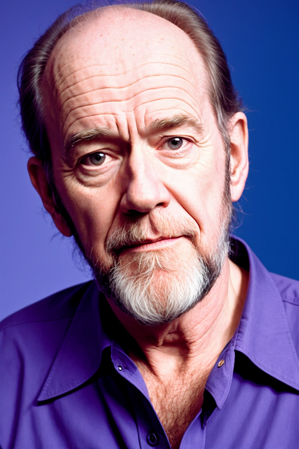 sfw,a realistic photo of George Carlin with purple lighting striking in the background,award winning DSLR ANALOG photo,trending on,90-style,