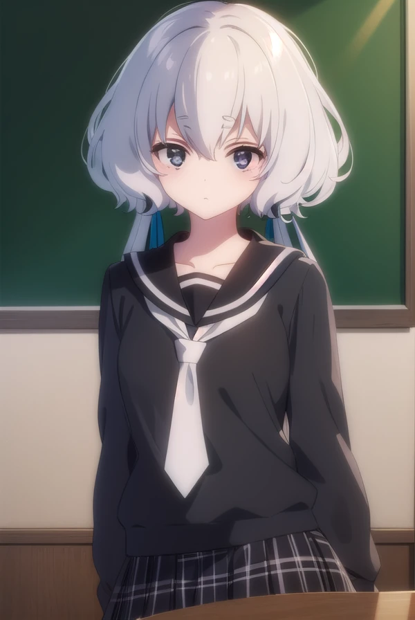 junkokonno, <lora:junko konno s2-lora-nochekaiser:1>,
junko konno, low twintails, (black eyes:1.5), twintails, white hair,
BREAK sailor dress, serafuku, skirt, school uniform, white necktie, necktie, long sleeves,
BREAK looking at viewer, full body,
BREAK indoors, classroom,
BREAK <lyco:GoodHands-beta2:1>, (masterpiece:1.2), best quality, high resolution, unity 8k wallpaper, (illustration:0.8), (beautiful detailed eyes:1.6), extremely detailed face, perfect lighting, extremely detailed CG, (perfect hands, perfect anatomy),