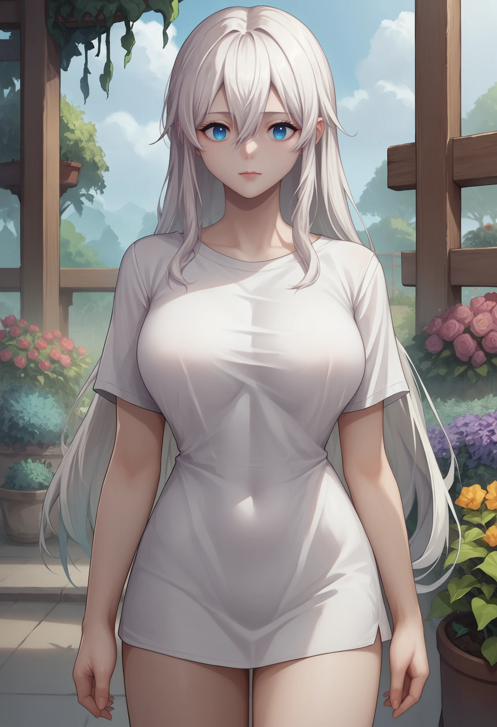 score_9, score_8_up, score_7_up, source_anime, cowboy shot,
gosia faux, (large breasts:0.7), long hair, white hair, black miniskirt, white shirt, 
garden,  <lora:gosia-ponyxl-6-000006:0.8>