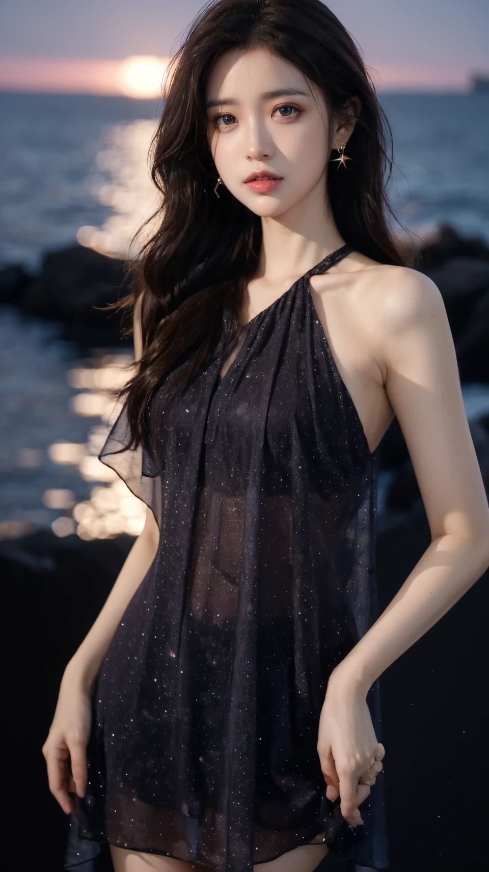 best quality,HDR,UHD,8K,Vivid Colors,solo,medium-shot,(1girl:1.5),(standing:1.3),from front,soft light,(looking at viewer:1.6),Elegant,detailed gorgeous face,<lora:add_detail:0.5>,(sea background:1.1),cowboy shot,<lora:rc106:0.8>, rc,starry sky print,