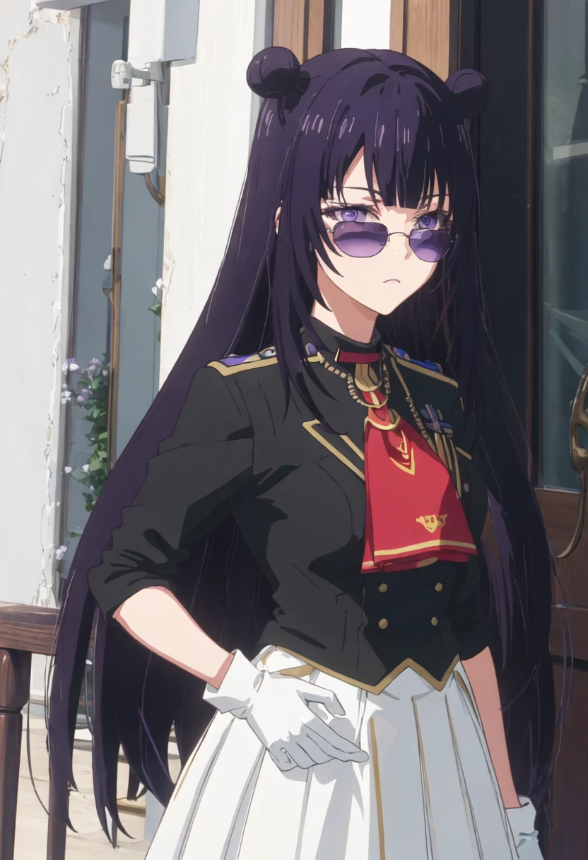best quality, masterpiece, highres, solo, {yue_lapisrelights:0.90}, {black business suit:1.40}, {tie:1.20}, {sunglasses:1.25}, {white gloves:1.15}, {white shirt:1.10}, {black skirt:1.15}, {smoking:1.20}, handsome