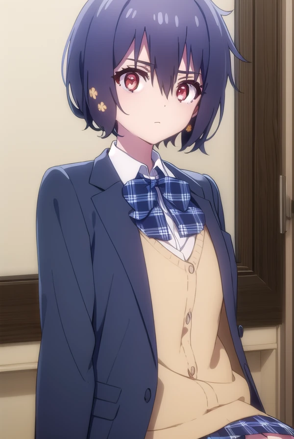 aimizuno, <lora:ai mizuno s2-lora-nochekaiser:1>,
ai mizuno, black hair, hair between eyes, (red eyes:1.5), short hair,
BREAK black jacket, black legwear, black neckwear, black skirt, blazer, brown footwear, collared shirt, flower, hair flower, hair ornament, jacket, loafers, long sleeves, miniskirt, open clothes, open jacket, plaid, plaid neckwear, plaid skirt, pleated skirt, school uniform, shirt, shoes, skirt, sweater, white shirt, wing collar, yellow flower, yellow sweater
BREAK indoors, classroom,
BREAK looking at viewer, (cowboy shot:1.5),
BREAK <lyco:GoodHands-beta2:1>, (masterpiece:1.2), best quality, high resolution, unity 8k wallpaper, (illustration:0.8), (beautiful detailed eyes:1.6), extremely detailed face, perfect lighting, extremely detailed CG, (perfect hands, perfect anatomy),
