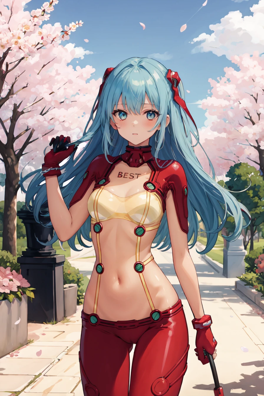 masterpiece,best quality,highres,ultra-detailed,solo,cowboy shot,1girl,medium_breasts,long hair,light blue hair,standing,outdoors,garden,cherry blossom,trees,asuka_langley_soryu_bodysuit,see-through,