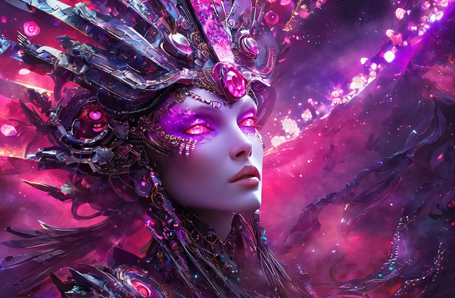 concept art FN Concept, Concept map, cyber effects concept, digital art concept, describe this image in a very detailed manner. a woman with a serene yet intense gaze is adorned with a futuristic headdress, featuring a complex array of gears and mechanical elements. her face is painted in a palette of purple and silver, with a stark contrast of red eyes that add a dramatic touch. the image is set against a dark, starry backdrop, enhancing the otherworldly and mystical atmosphere.<lora:FN_concept-000009:1>, . digital artwork, illustrative, painterly, matte painting, highly detailed