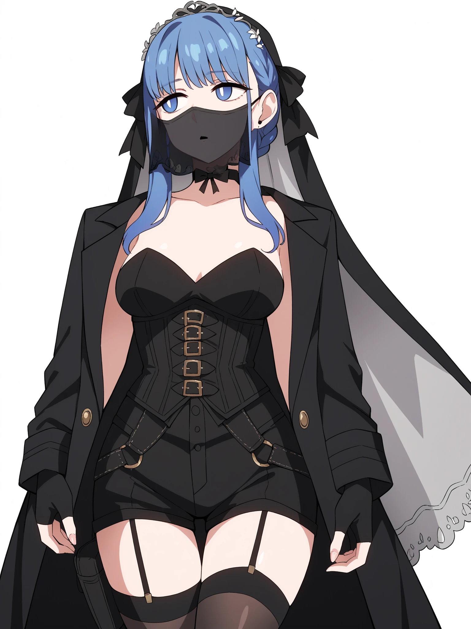 score_9, score_8_up, score_7_up, score_6_up, score_5_up, score_4_up,
BREAK
girl with blue hair, blue eyes, empty eyes, long hair, straight hair, bangs, mature female, black bow, hair bow, braided hair, black pupils, looking away,
BREAK
standing, medium breasts, black tank top, black shorts, black thighhighs, black fingerless gloves, black elbow gloves, strapless, garter straps, choker, (black coat:1.2), black veil, black mouth veil, black bridal veil, corset, (thigh holster:1.1),
BREAK
white background, <lora:Lunas-Harayutaka-SDXL-A1:1>