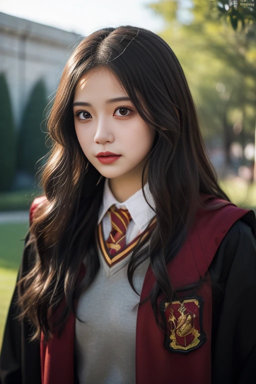 ltra-detailed,highly detailed,best quality,masterpiece,illustration,realistic,photorealistic,
1girl, solo, cosplay,
gryffindor uniform, hogwarts school uniform,
looking at viewer, upper body,
outdoors, photo background,
<lora:gryffindor uniform_v1_07:0.7>