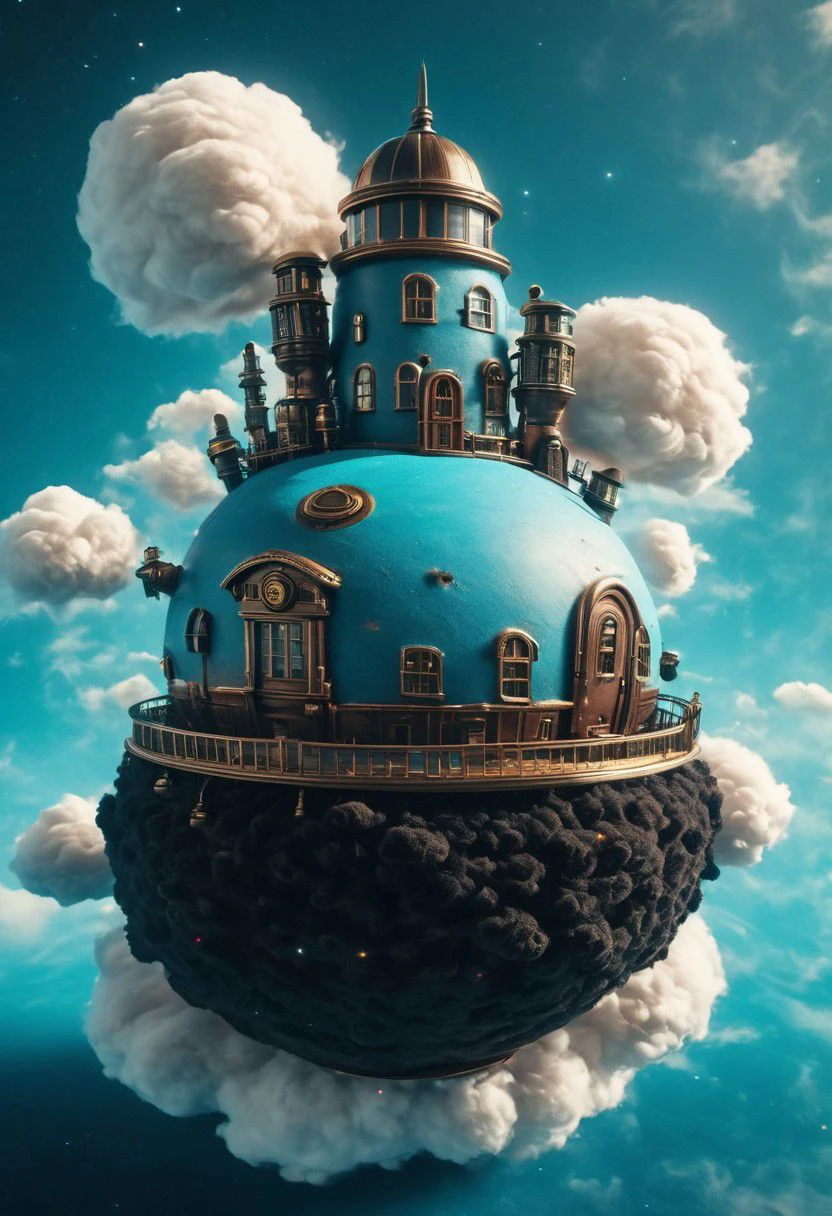 a small fluffy floating dreamy cloud planet in blue sky, with a giant Steampunk Lighthouse colorful cozy soft corduroy bed on it, ,awesome cozy, fluffy, low-key, cinematic, deep blacks,