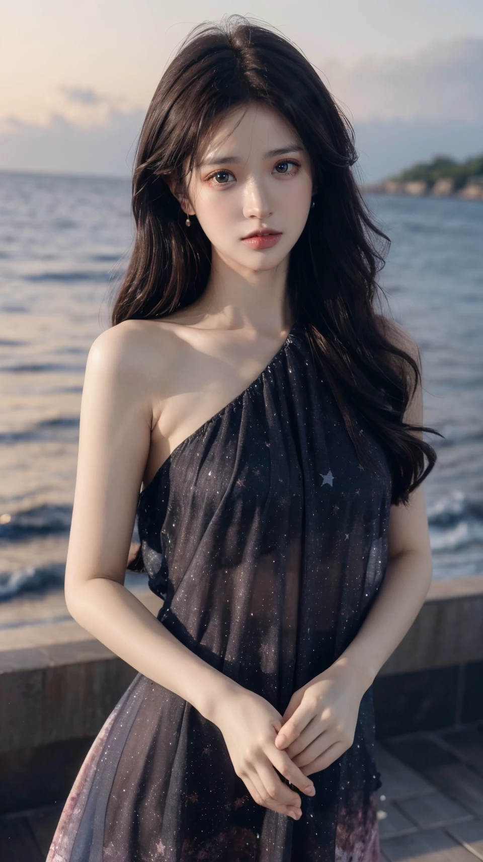best quality,HDR,UHD,8K,Vivid Colors,solo,medium-shot,(1girl:1.5),(standing:1.3),from front,soft light,(looking at viewer:1.6),Elegant,detailed gorgeous face,<lora:add_detail:0.5>,(sea background:1.1),cowboy shot,<lora:rc106:0.8>,rc,starry sky print,