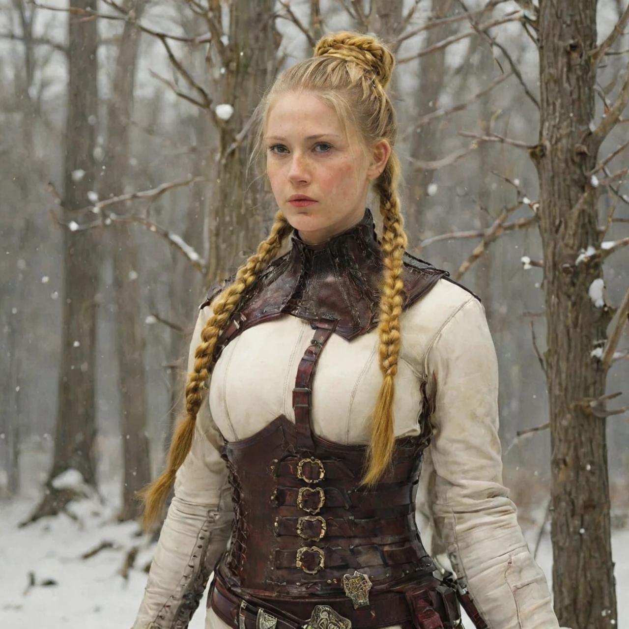 snow, bare trees, fur cloak, (art by Norman Rockwell:1.05), (art by Frank Frazetta:1.1), (art by Mobeius:0.85), (art by Ismail Inceoglu:1.2), perfect anatomy, face to viewer,  flawless skin, attractive, knee-high slouch  boots, long neck, thick thighs , busty,  slim waist, slender, small ass,  white m0rd_s1th  leather armor, beautiful blonde woman, relaxed pose,  braids,<lora:Mord_Sith_ArmorXL:0.8> , white on white, high contrast