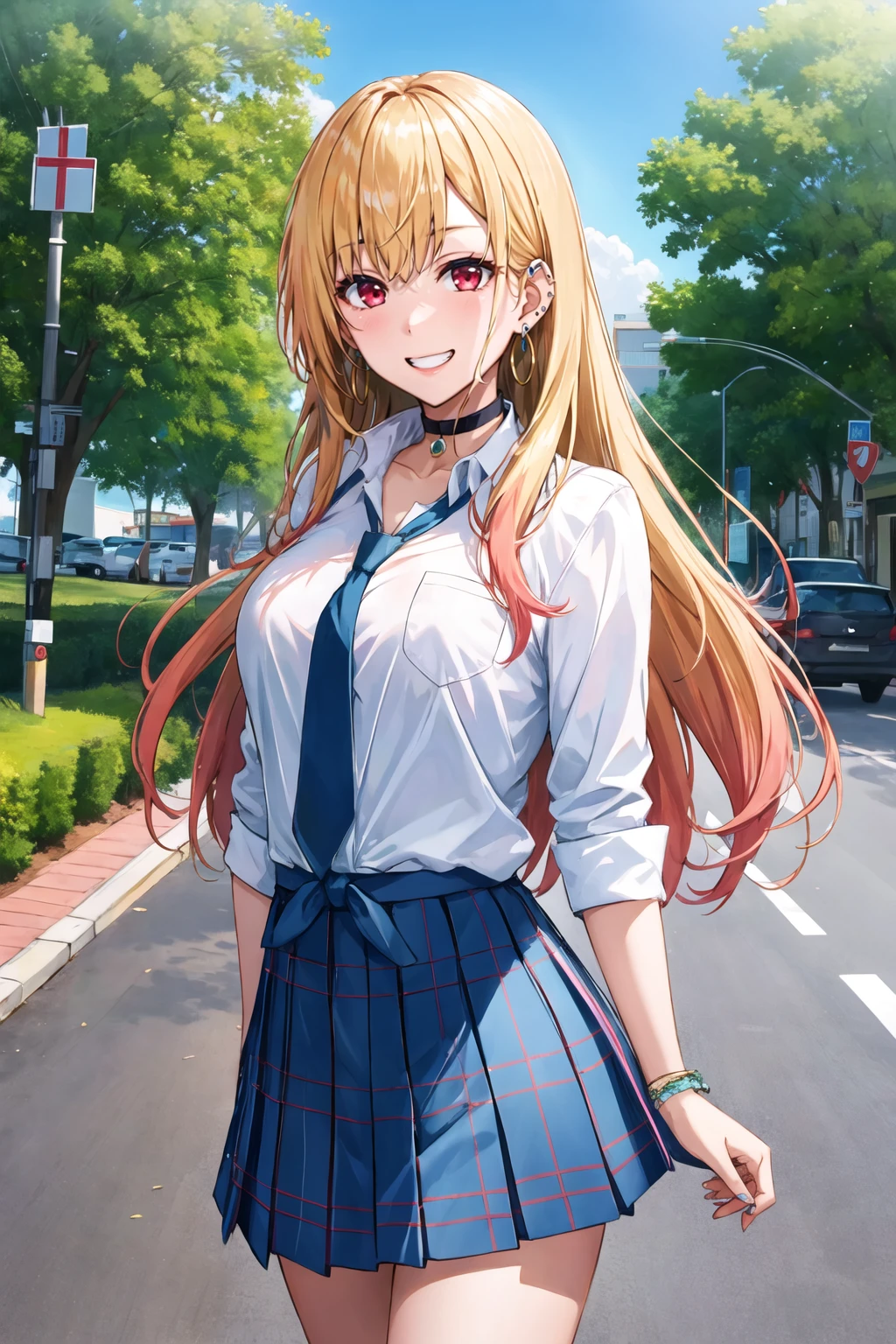 masterpiece, best quality, highres, kitagawa marin, 1girl, blonde hair, long hair, multicolored hair, red eyes, jewelry, earrings, piercing, school uniform, white shirt, tied shirt, black choker, blue necktie, plaid skirt, <lora:kitagawa_marin_v1-1:0.7>, grin, smile, standing, cowboy shot, outdoors, blue skirt <lora:goban-Style:1>