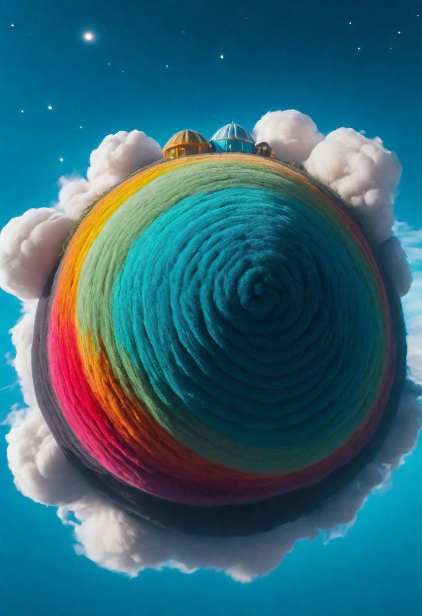 a small fluffy floating dreamy cloud planet in blue sky, with a giant colorful cozy soft corduroy bed on it, ,awesome cozy, fluffy, low-key, cinematic, deep blacks,