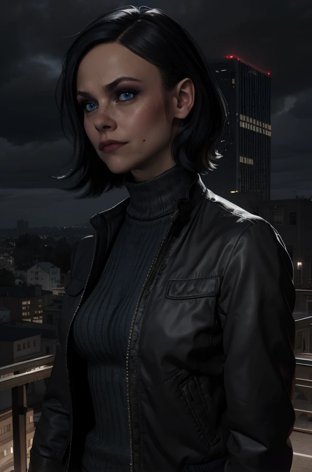 helen,blue eyes,black hair,medium hair,
jacket,turtleneck,serious,
standing,upper body,
night,base,town,
(insanely detailed, beautiful,masterpiece, best quality) solo,<lora:Park:0.8>,