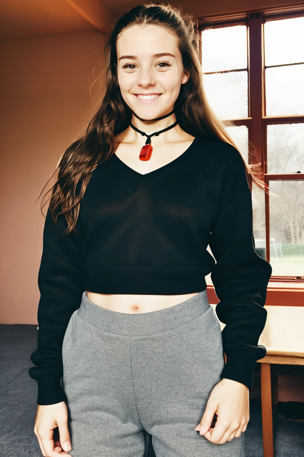 disposable camera photo, 1girl, sweater, choker, redgem, pants, skin detail, smile, indoors, perfect lighting    <lora:GemstoneNecklaceV2:1>