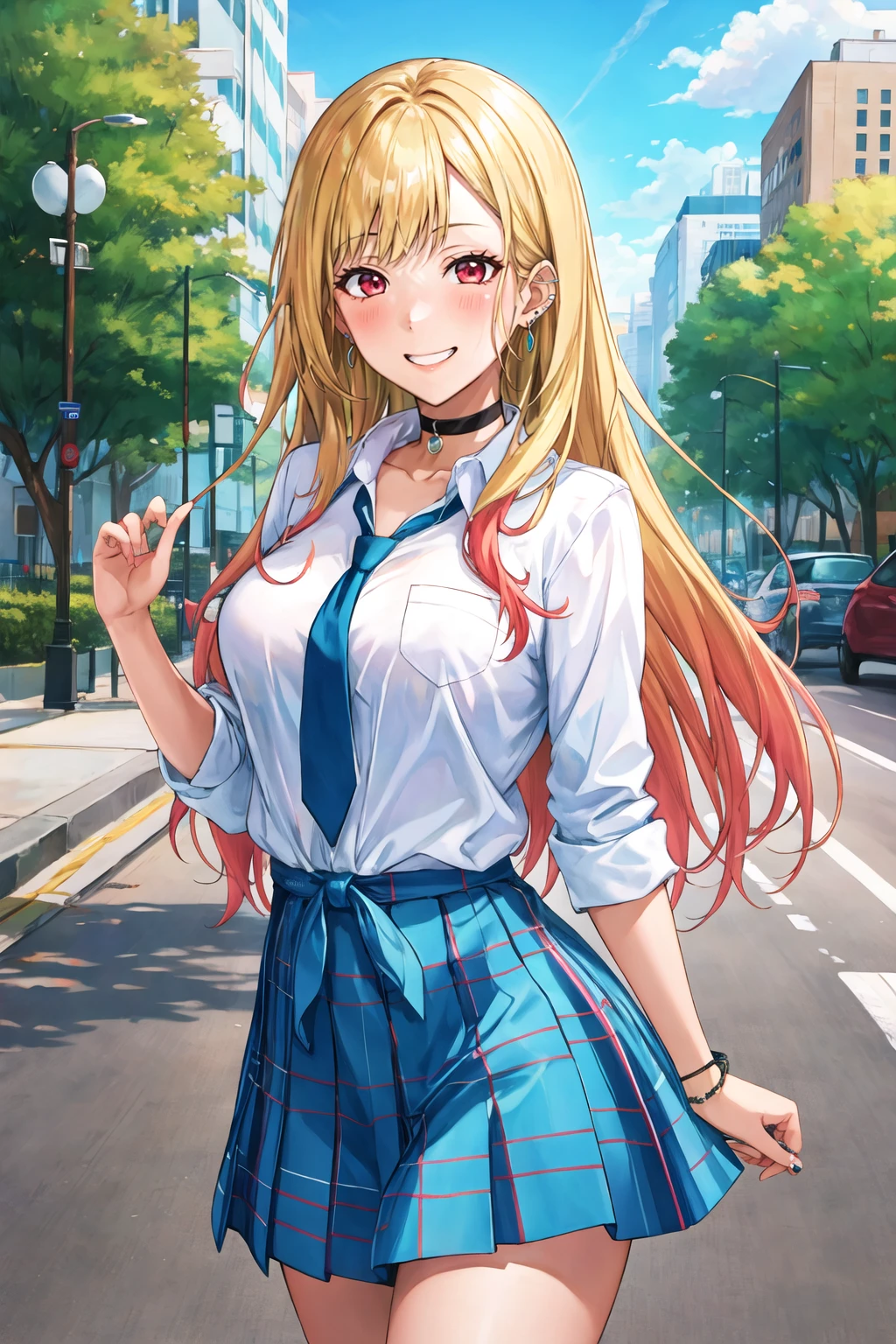 masterpiece, best quality, highres, kitagawa marin, 1girl, blonde hair, long hair, multicolored hair, red eyes, jewelry, earrings, piercing, school uniform, white shirt, tied shirt, black choker, blue necktie, plaid skirt, <lora:kitagawa_marin_v1-1:0.7>, grin, smile, standing, cowboy shot, outdoors, blue skirt <lora:Gyuutan-Style:1>