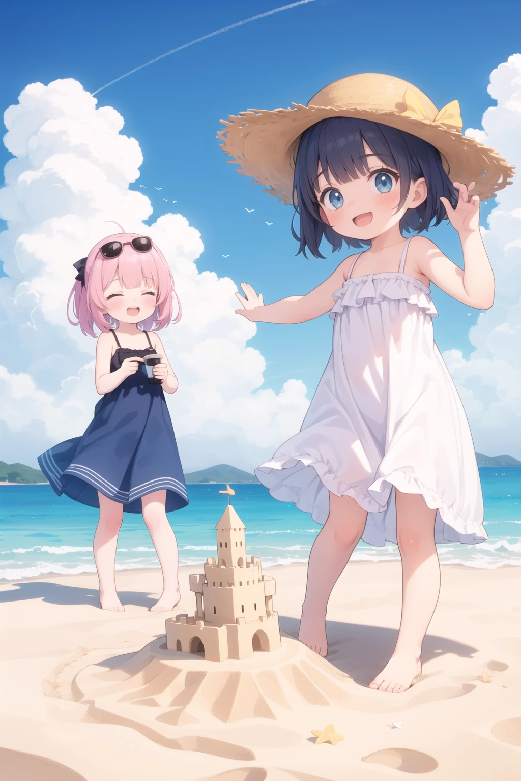 2girls, playing sand castle, summer beach, sundress, happy, blue sky, cloud trail