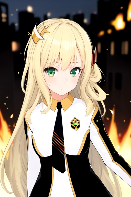 1girl, solo, masterpiece, blurry background, outdoors, fire, sparks, upper body, portrait, cityscape, <lora:sentokireiv1:0.95>, sentokirei, expressionless, dress, two-tone dress, black necktie, long sleeves, hair ornament, looking at viewer,