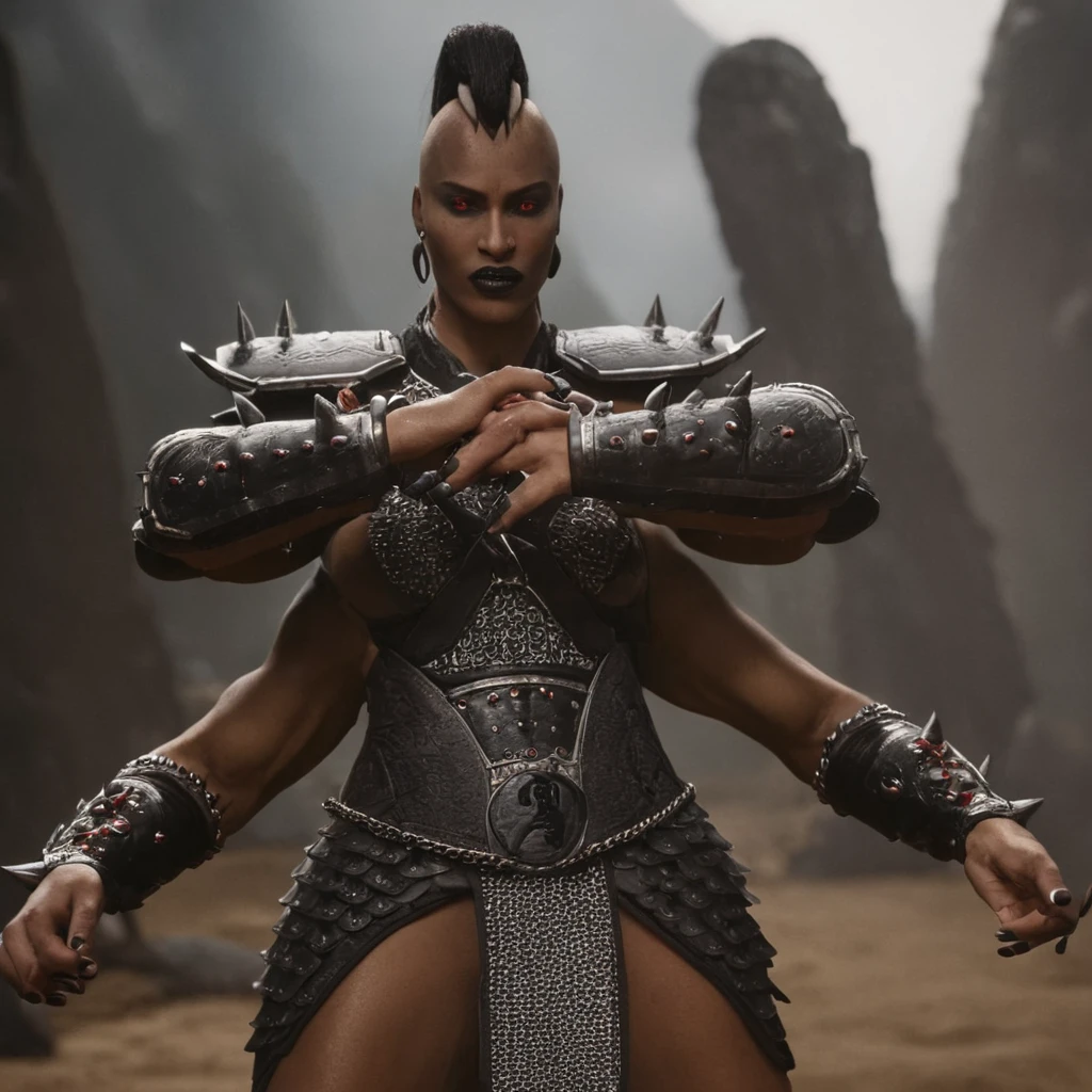 cinematic film still of  <lora:Shokan Style:1> Sheeva
The Shokan four-armed humanoids, Kuatan, Sheeva,Shokan warrior of royal Draco lineage,possessing great physical prowess,four arms,4 arms,four_arms,a man in armor with a sword and a chain around his neck,1girl,solo,breasts,large breasts,red eyes,white background,navel,full body,barefoot,dark skin,nail polish,armor,dark-skinned female,lips,toes,chain,abs,lipstick,shoulder armor,genderswap,black nails,genderswap (mtf),spikes,clenched hands,colored sclera,toenails,pauldrons,black sclera,toenail polish,vambraces,bracer,bikini armor,black lips , Mortal Kombat style, Shokan style, four-armed humanoids style, shallow depth of field, vignette, highly detailed, high budget, bokeh, cinemascope, moody, epic, gorgeous, film grain, grainy