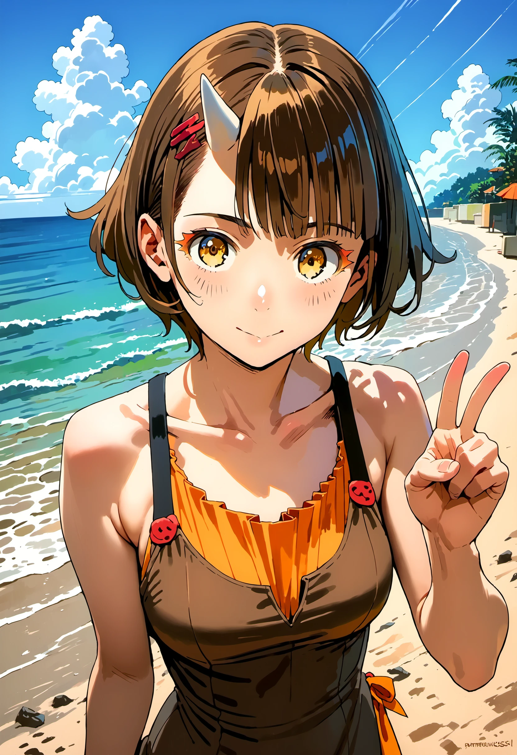 (score_9,score_8_up,score_7_up,score_6_up,score_5_up,score_4_up, source_anime:1.2), (anime: realistic :0.4), (1girl, Androssi:1.1), (short hair, brown hair, skincolored single horn, small horn:1.2), makes peace sign, yellow eyes, medium size breasts, tight dress, outdoors, clear sky, facing viewer, pov, detailed background, beach, perfect lighting ,
<lora:androssi_v10-000008:1>, <lora:xl_more_art-full_v1:0.2>