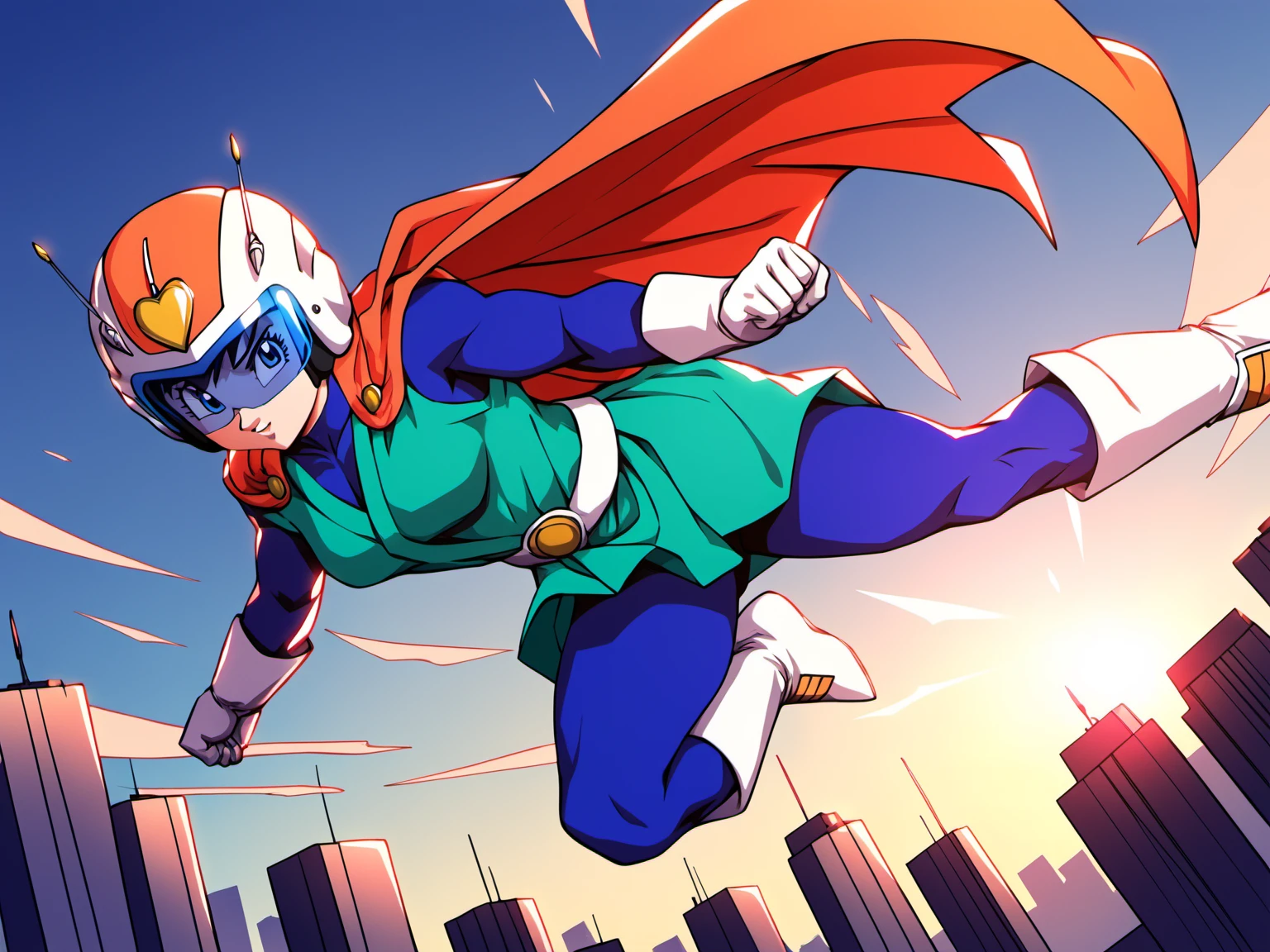 Saiyawoman, 1girl, blue eyes, cape, shadows, cityscape, <lora:VidelSDXLMulti-Test-16-16-C-Test-2:0.85>, masterpiece, best quality, absurdres, perfect lighting, score_9, score_8_up, score_7_up source_anime, helmet, (flying), visor, fighting stance, superhero