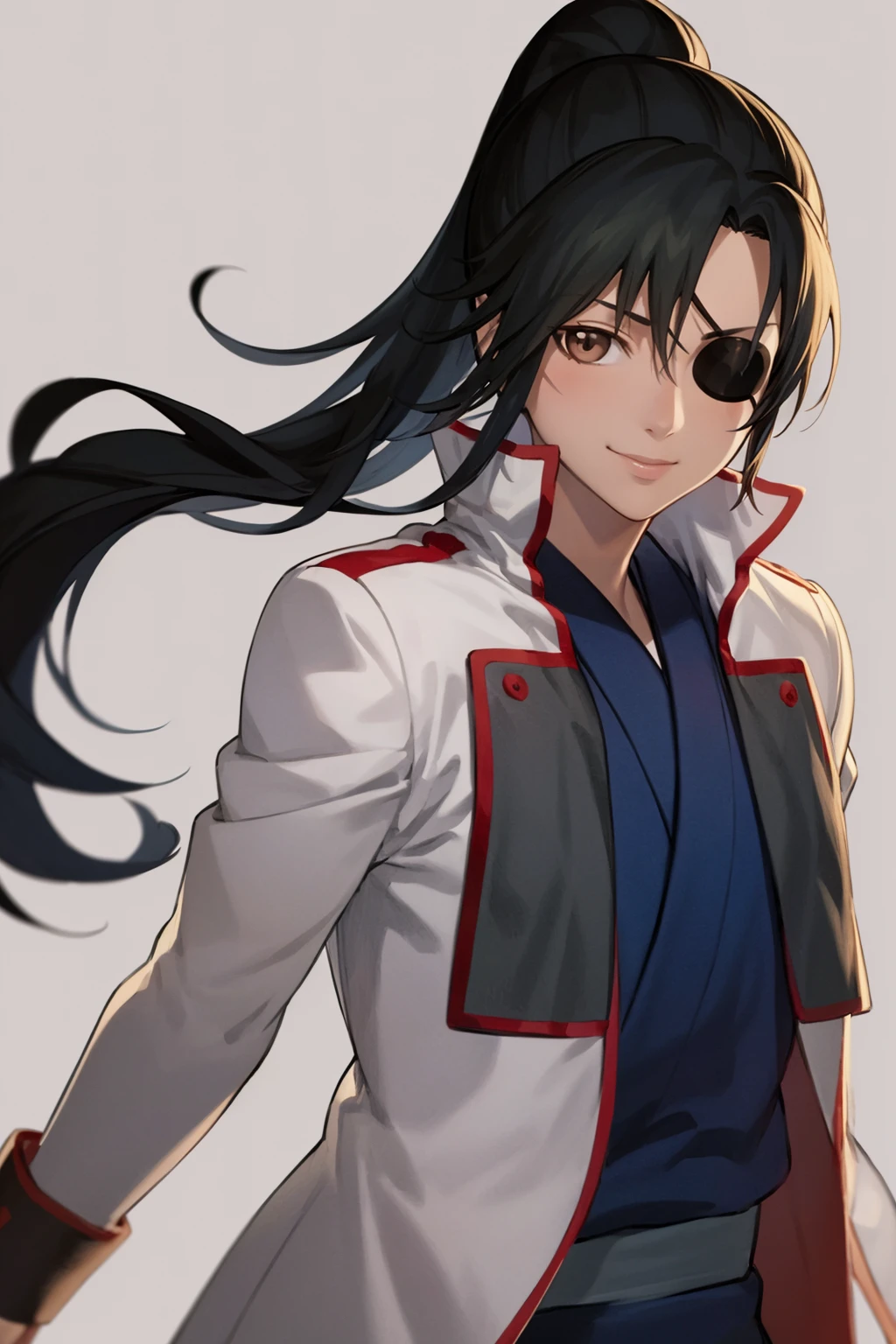 masterpiece, best quality, 1girl, kyuubeiyagyuu, black hair, ponytail, brown eyes, eyepatch, coat, japanese clothes,
upper body, looking at viewer, sketch, smile, solo, simple background   <lora:KyuubeiYagyuu:1>