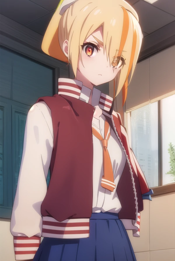 sakinikaidou, <lora:saki nikaidou s2-lora-nochekaiser:1>,
saki nikaidou, blonde hair, eyes visible through hair, hair over one eye, light green hair, long hair, multicolored hair, (orange eyes:1.3), orange hair, ponytail, streaked hair,
BREAK blue skirt, jacket, (letterman jacket:1.5), necktie, orange necktie, skirt,
BREAK looking at viewer, full body,
BREAK indoors, classroom,
BREAK <lyco:GoodHands-beta2:1>, (masterpiece:1.2), best quality, high resolution, unity 8k wallpaper, (illustration:0.8), (beautiful detailed eyes:1.6), extremely detailed face, perfect lighting, extremely detailed CG, (perfect hands, perfect anatomy),