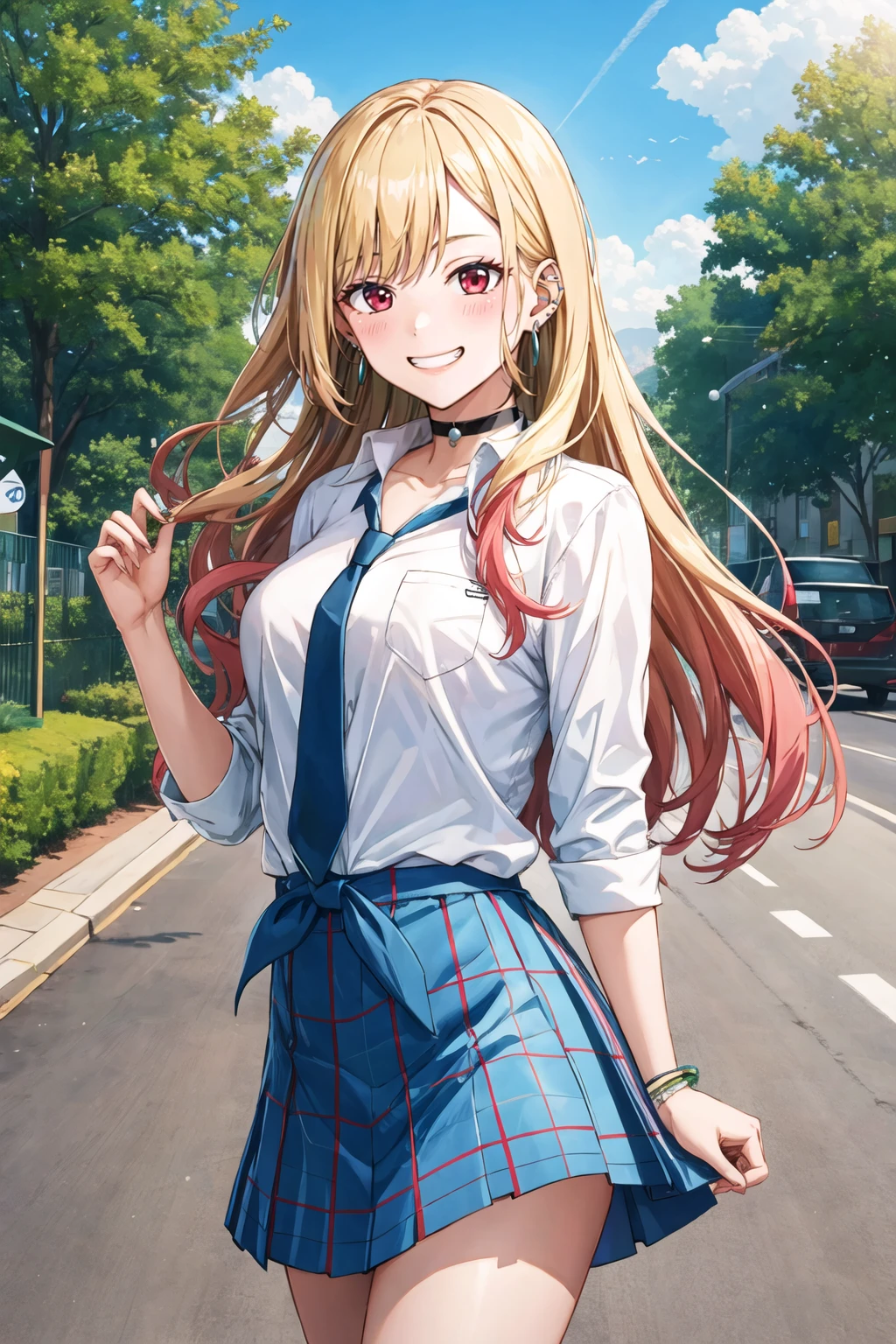 masterpiece, best quality, highres, kitagawa marin, 1girl, blonde hair, long hair, multicolored hair, red eyes, jewelry, earrings, piercing, school uniform, white shirt, tied shirt, black choker, blue necktie, plaid skirt, <lora:kitagawa_marin_v1-1:0.7>, grin, smile, standing, cowboy shot, outdoors, blue skirt <lora:fujimaru-style:1>