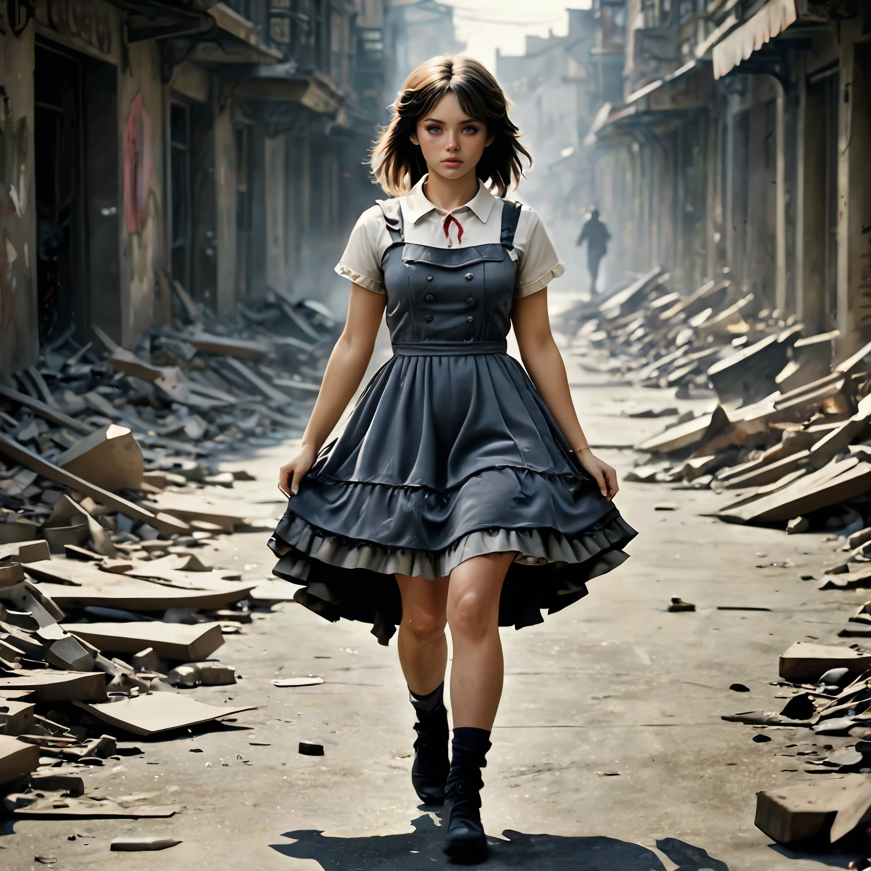 a photorealistic (full body) photograph of a young girl wearing a (ripped, torn:1.4) and bloody swe3tjsk with bl0use with intricate patterns, (frightened:1.6), dramatic cinematic lighting, OverallDetail-SDXL SkinHairDetail-SDXL <lora:SweetLolitaXLv4.23:1.2>