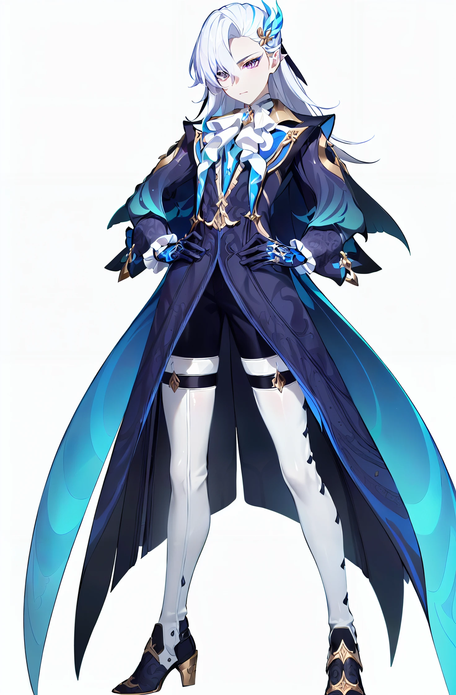 8k,best quality,masterpiece,(ultra-detailed:1.1),(high detailed skin),
(full body:1.4),white background,standing,looking at viewer,(solo),hand on hip,
<lora:navit-v100:0.8:lbw=OUTALL>,navit,1boy,gloves,male focus,black gloves,purple eyes,black footwear,white hair,long hair,white ascot,(man,strong:1.2),
(white background, simple background:1.6),
(beautiful_face),((intricate_detail)),clear face,
((finely_detailed)),fine_fabric_emphasis,
((glossy)),full_shot,