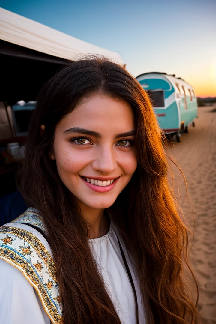 Fine art photography, (amateur photo), (analog photo:1.2,film grain),(the close-up smile Bedouin's cute young_woman following this caravan night,long floating hair, green eye,(star sky)),vivid colours,realistic,photographic, (natural colors, correct white balance, color correction, dehaze,clarity), background rich in details, conceptual image,masterpiece, award winning photography