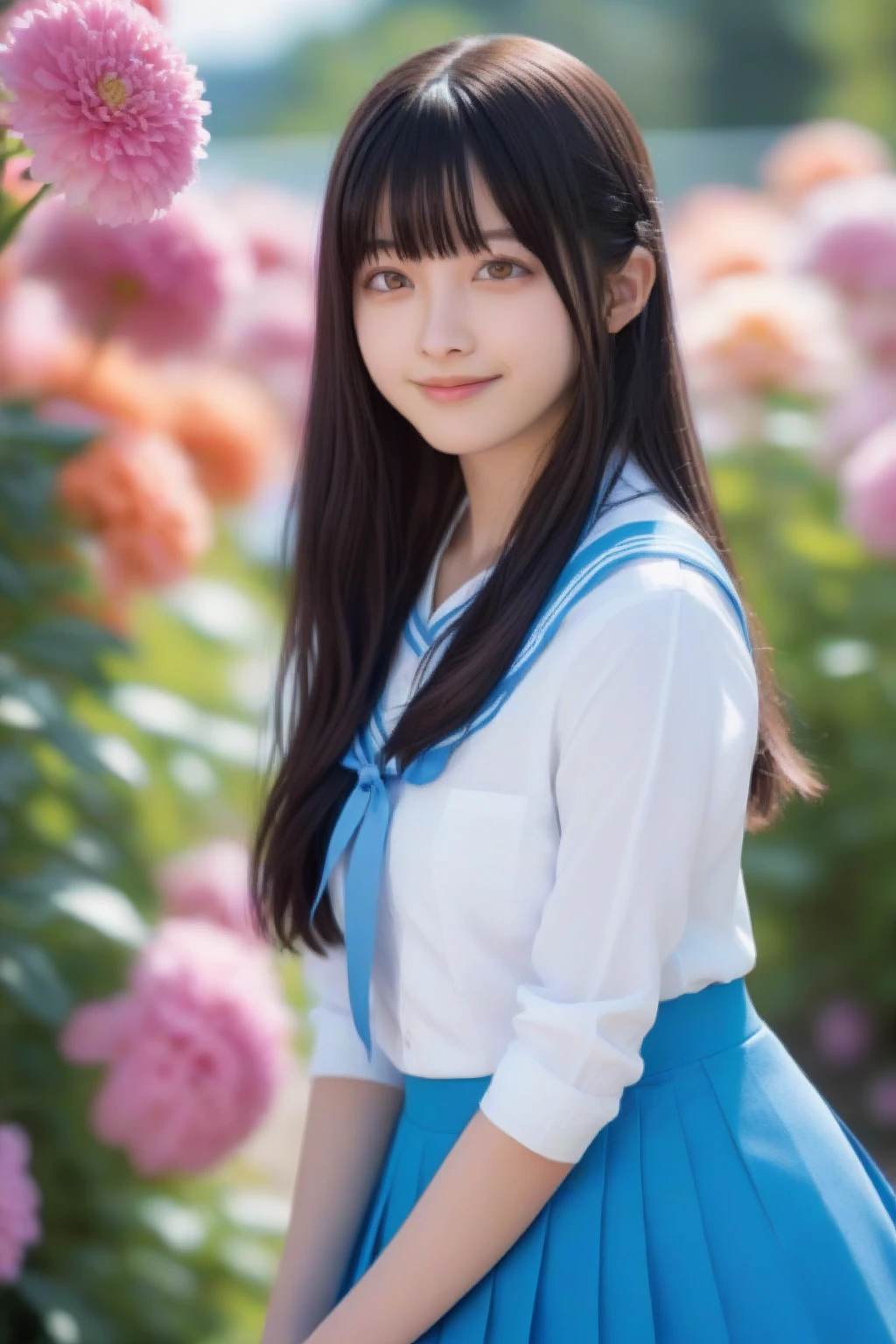 最high quality、high quality、Best image quality、small size sailor suit、Tight sailor suit、The sailor uniform is wet and sticks to my chest、(Large Breasts),Summer clothes、pleated mini skirt、Twin tails、smile、,最High resolution、High resolution、最high quality、masterpiece、RAW Photos、whole body写真、Detailed and realistic human body、Detailed and realistic skin、Realistic face in every detail、Detailed and realistic eyes、Detailed and realistic lips、Detailed and realistic teeth、Detailed and realistic ears、Detailed and realistic hair、Detailed and realistic weapons、Realistic reproduction of every detail、Realistic fingers in every detail、(Beautiful Hands、thumb１reference４)、Realistic feet down to the last detail、((Beautiful Japanese Woman))、(Japanese Model)、((21 year old beautiful woman))、(Black Hair)、(Straight hair)、((whole body))、(Slim and perfect figure)、(whole body光沢肌、Fair skin)、Detailed and realistic human body、Detailed and realistic skin、Realistic face in every detail、Detailed and realistic weapons、Realistic fingers in every detail、Detailed realistic feet、Soft natural light、Japanese garden、A 360-degree view of hydrangea fields、((Standing in the middle of a hydrangea field(A girl surrounded by hydrangeas 360 degrees))、Poses to make your thighs look beautiful