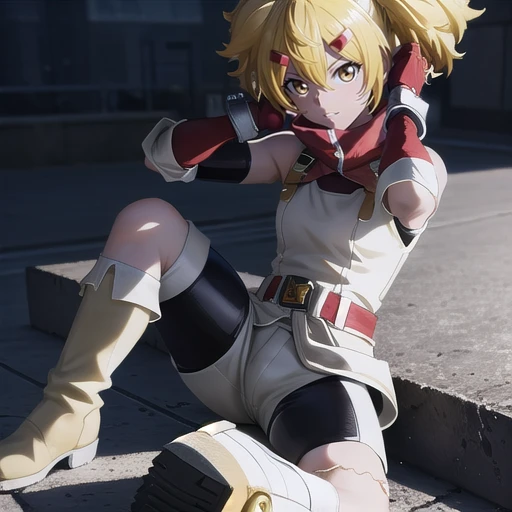 , masterpiece, Highest Quality, Highest Resolution, perfect background, perfect perspective, sharp image, perfect details, perfect lighting, perfect shadows, Perfect lighting, Best anime, background, 3D anime, 3D, black outline, 1girl, solo, twin tails, blond hair, hair in between eyes, boots, gloves, gaunlets, gold eyes, hair ornament, ahoge, fingerless gloves, white sleevesless jacket, elbow gloves, bike shorts, sitting,