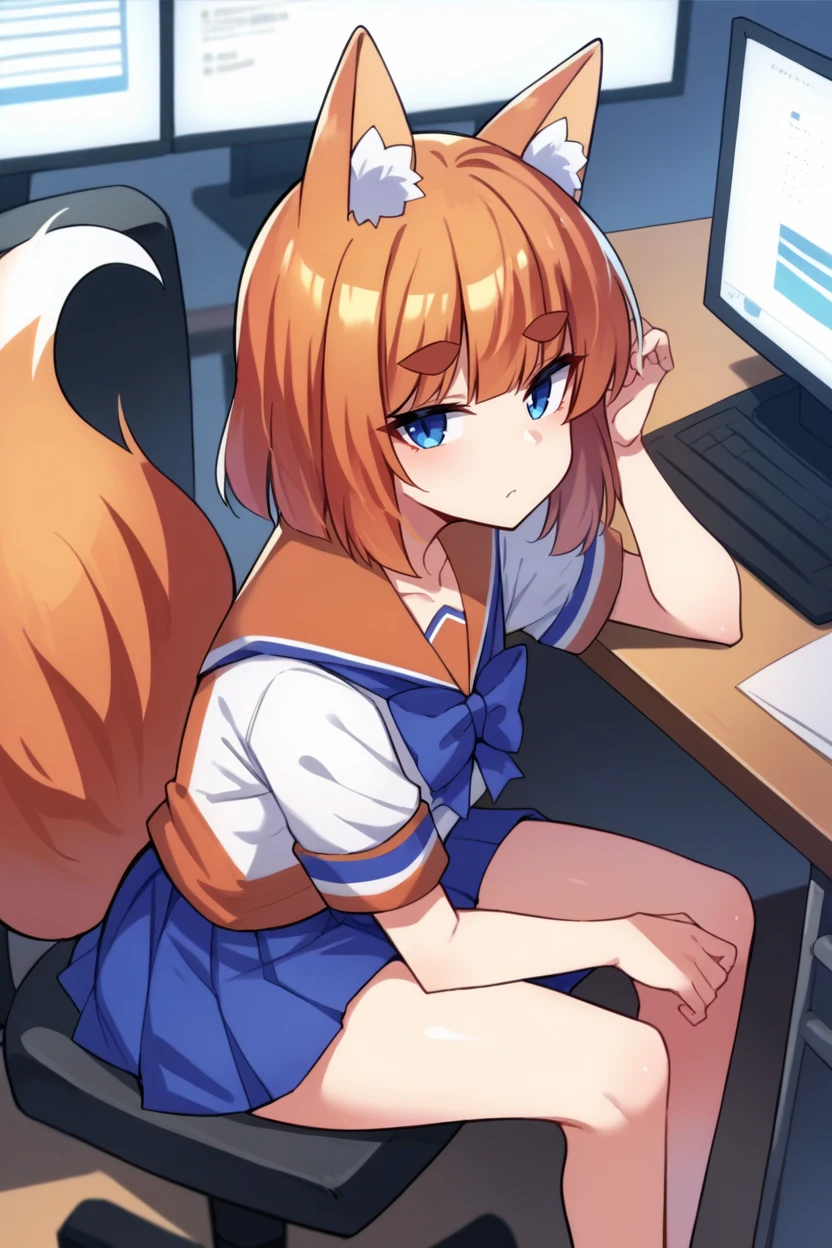 score_9, score_8_up, source_anime, 1girl, solo <lora:ffchan-pdxl-nvwls-v1-000006:1> ffchan, fox ears, blue bowtie, white shirt, serafuku, short sleeves, blue skirt, fox tail, sitting, chair, desk, computer monitor, computer, looking at viewer