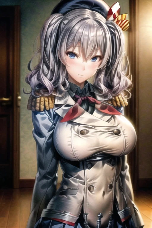 1 Female,High definition,high resolution,Ultra-realistic,8K, 1girl, roze, red eyes, grey hair, , low twintails, long hair, black military uniform, peaked cap, cute, smile,
indoors, military base,European,sexy,Upper body close-up,Photographed from the front,Dynamic Angles,private teacher,blush, huge , nipples ,((show tits))