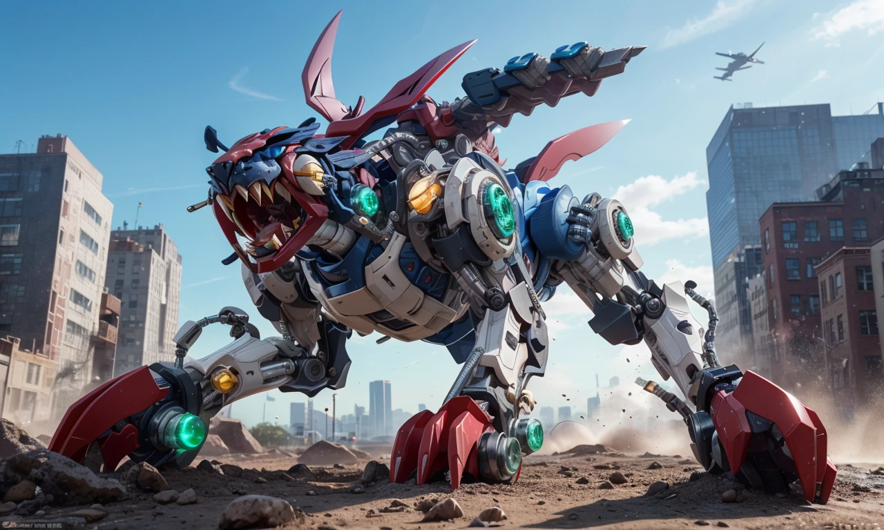 tgrzoid2024v2, blue mechanical tiger, 4 legs, robotic head, mecha, cybernetic, cyberpunk, armor, armored head, quadruped, best quality, zoids, new york city, blue metal