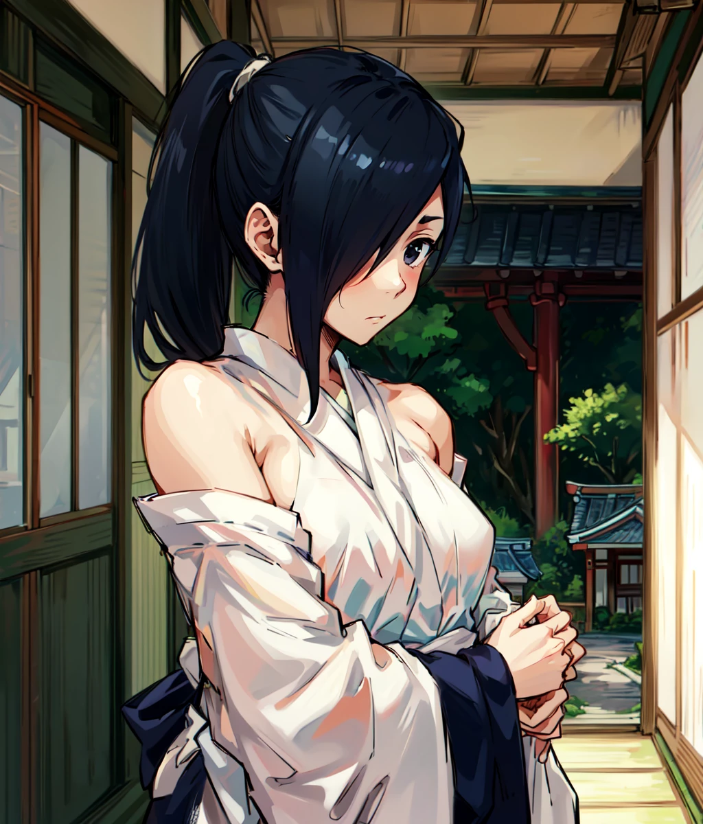 Masterpiece.1girl, solo, undressing, sarashi, medium breasts, bare shoulders, (surprised), blushing, long hair, black hair, hair covering one eye, ponytail, white haori, shinsengumi, black hakama, serious, outdoors, japanese town, upper body, cowboy shot, standing, indoors, japanese house, <lora:Kojiroh:0.8>