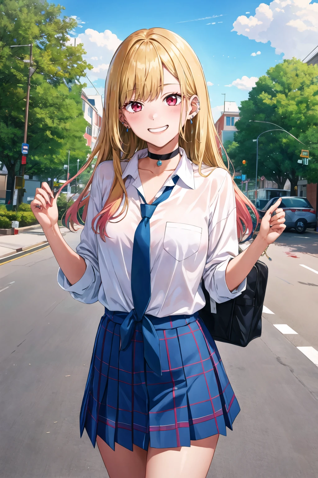 masterpiece, best quality, highres, kitagawa marin, 1girl, blonde hair, long hair, multicolored hair, red eyes, jewelry, earrings, piercing, school uniform, white shirt, tied shirt, black choker, blue necktie, plaid skirt, <lora:kitagawa_marin_v1-1:0.7>, grin, smile, standing, cowboy shot, outdoors, <lora:shono-kotaro-Style:1>