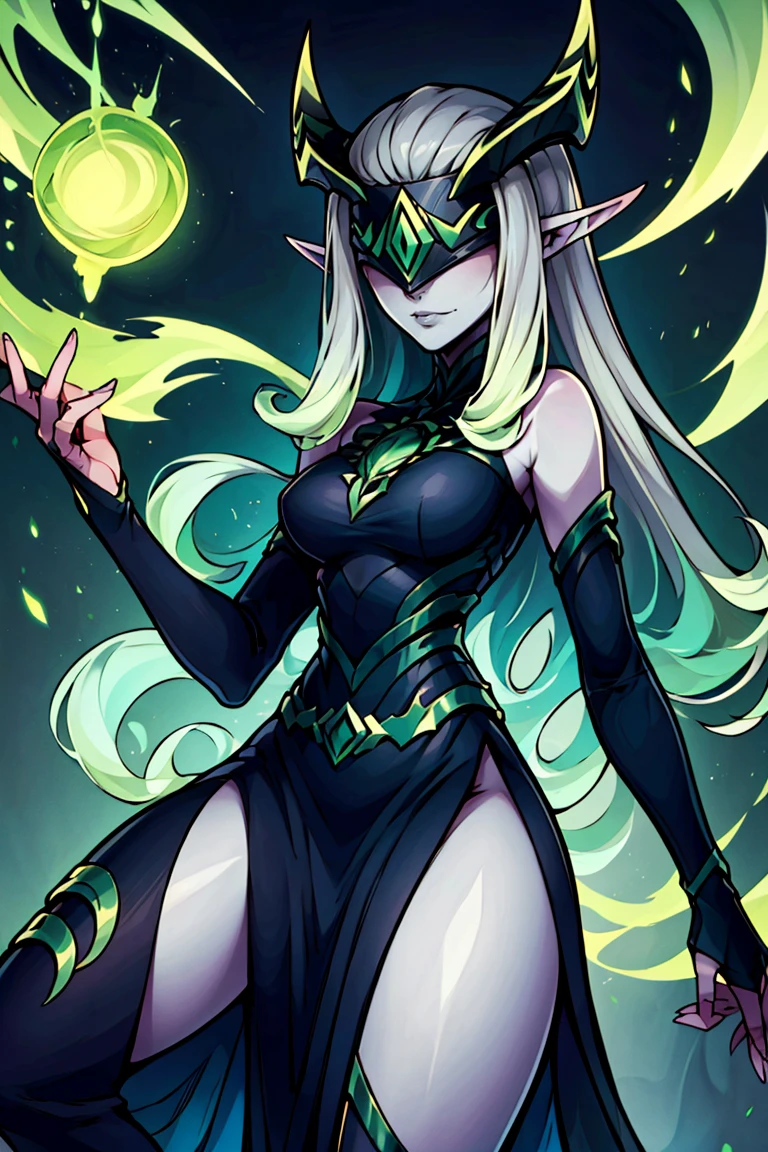 ((masterpiece,best quality)), absurdres, <lora:Shemira_AFK_v2:0.8>, Shemira_AFK, pointy ears, covered eyes, green glow, grey skin, magic, thighs, long dress, smug,
