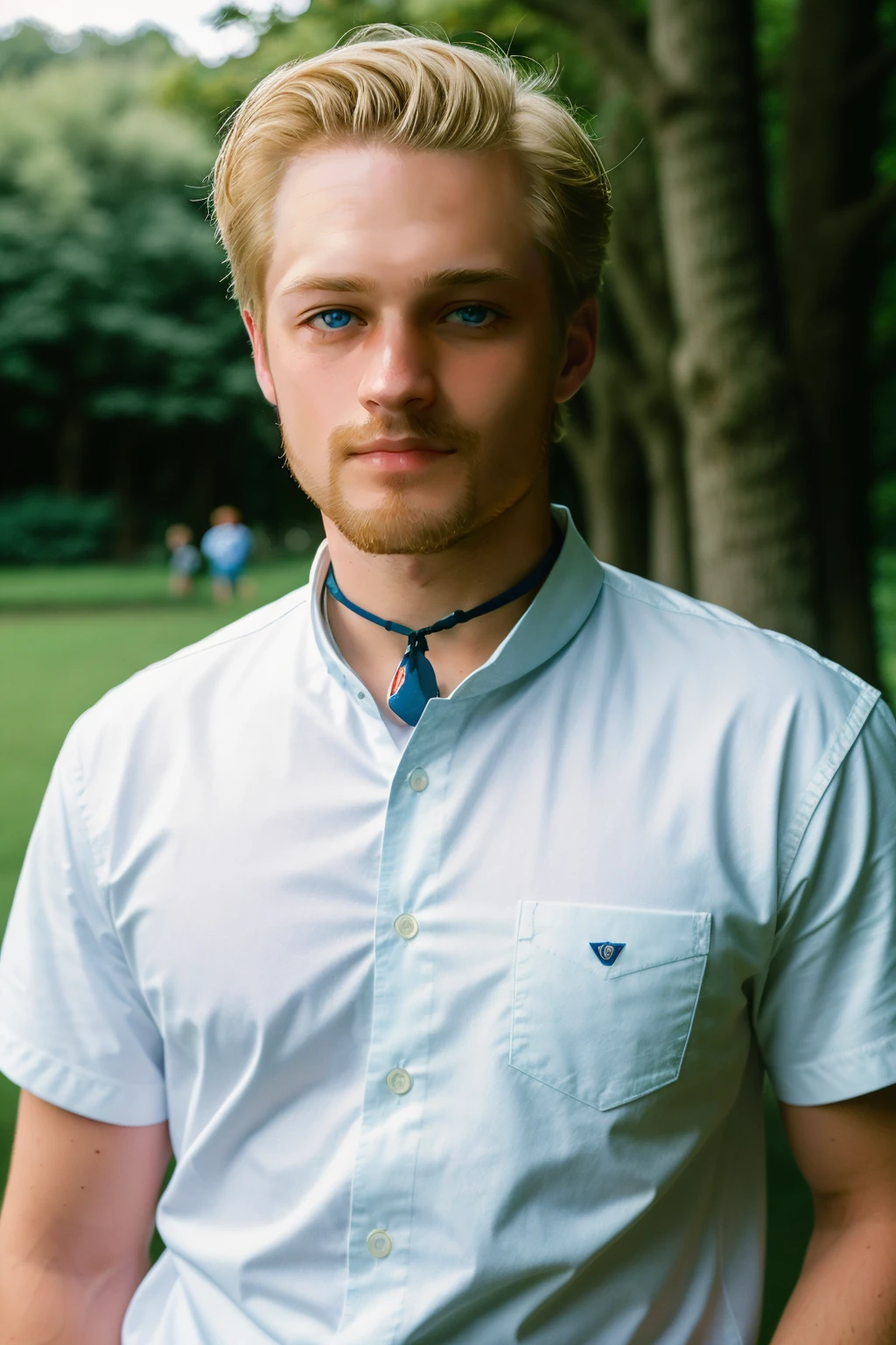 disposable camera photo, 1boy, blonde hair, short hair, facial hair, choker, blue eyes, white shirt, denim pants, looking at viewer, high detailed skin, trees, park, grass, 8k uhd, dslr, soft lighting, high quality, film grain, Fujifilm XT3    <lora:GemstoneNecklaceV2:0.9>