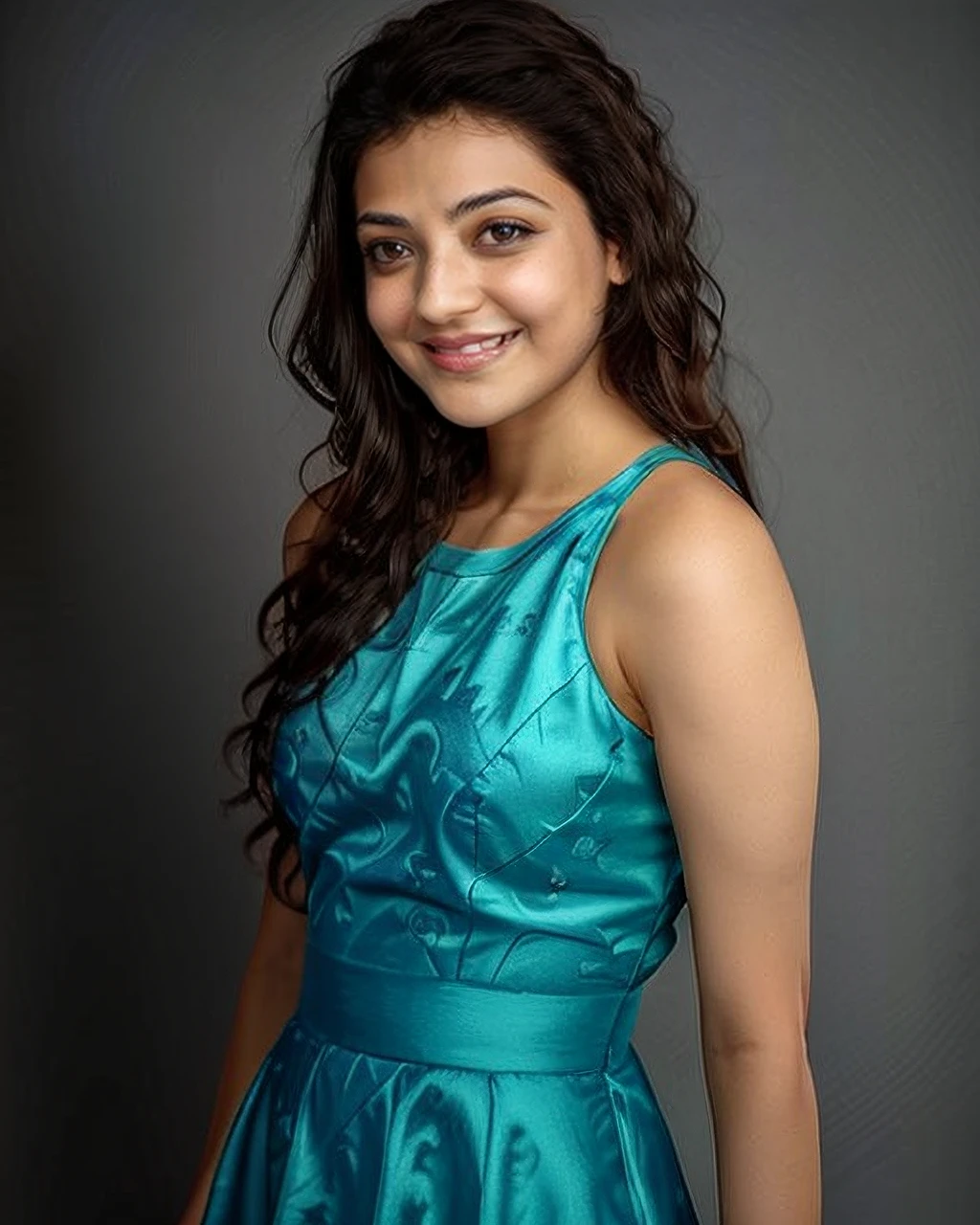 photo of kjag woman, conservatively dressed wearing high neck Teal clothing, looking at camera, smiling, dark_brown_eyes, simple background  <lora:kjag_Kajal_Aggarwal_SD15_LoRA_prodigy_local_regs:1>