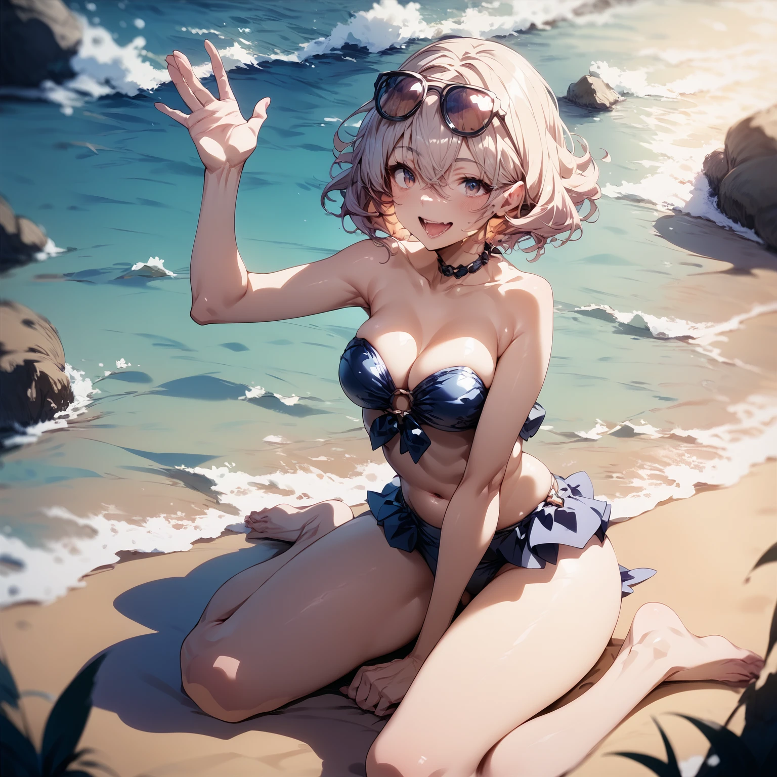 score_9,score_8_up,score_7_up,
1girl,
eyewear_on_head,
waving_hair,
strapless_bikini,
sitting_on_beach,
